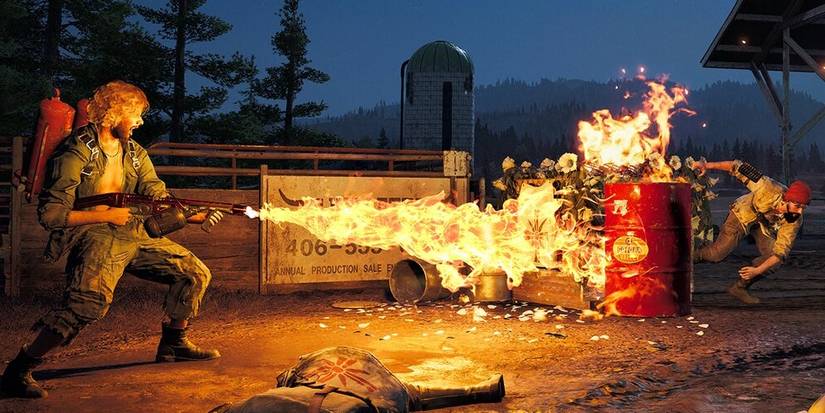 Companion Attacking An Enemy With A Flamethrower