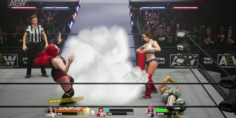 A fire extinguisher being used as a weapon in a match in AEW: Fight Forever