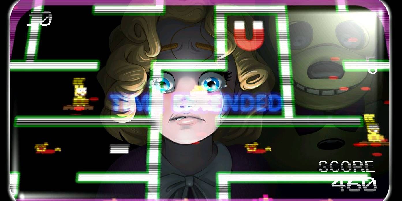 A girl's reflection on an arcade screen as an animatronic watches from behind her in FNAF 6: Pizzeria Simulator