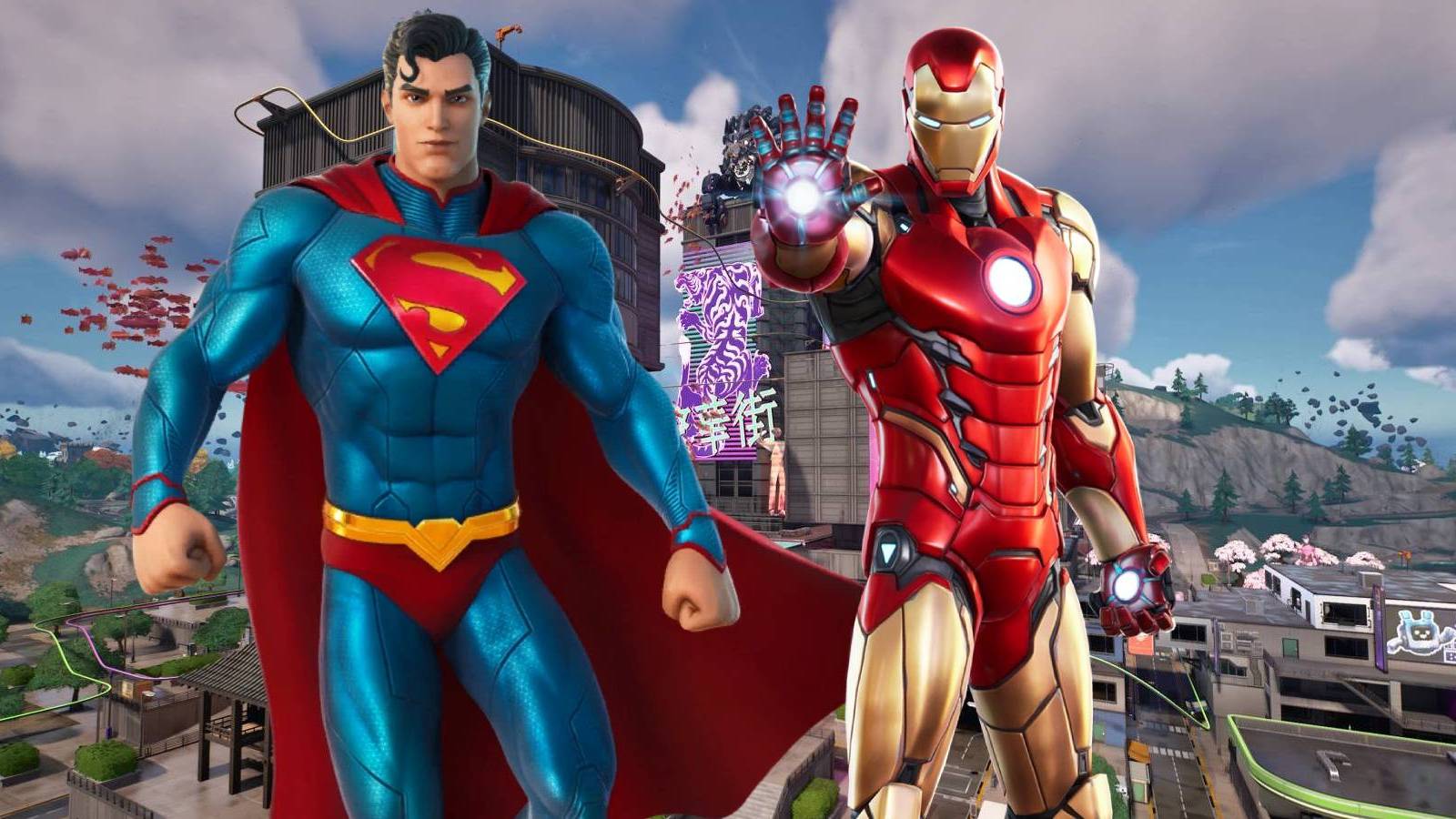 Superman and Iron Man over Mega City from Fortnite