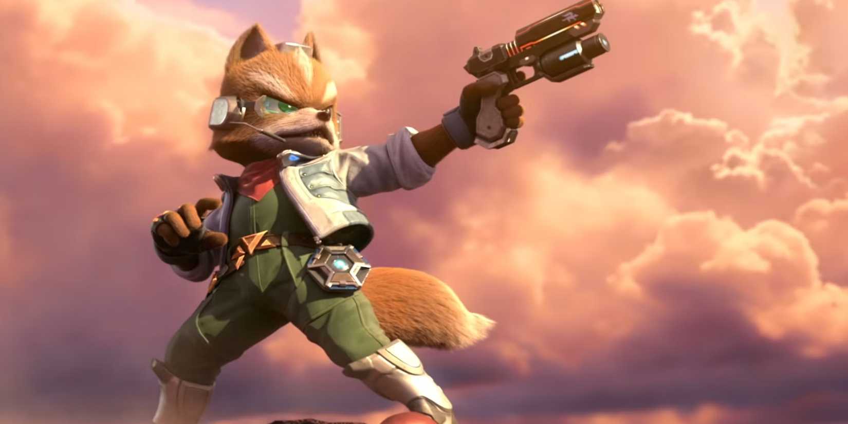 Fox wielding a blaster in a Smash Bros cinematic
