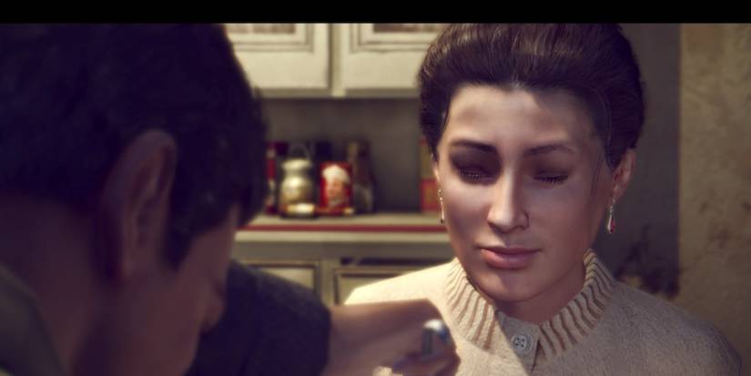 francesca in a cream top with male character