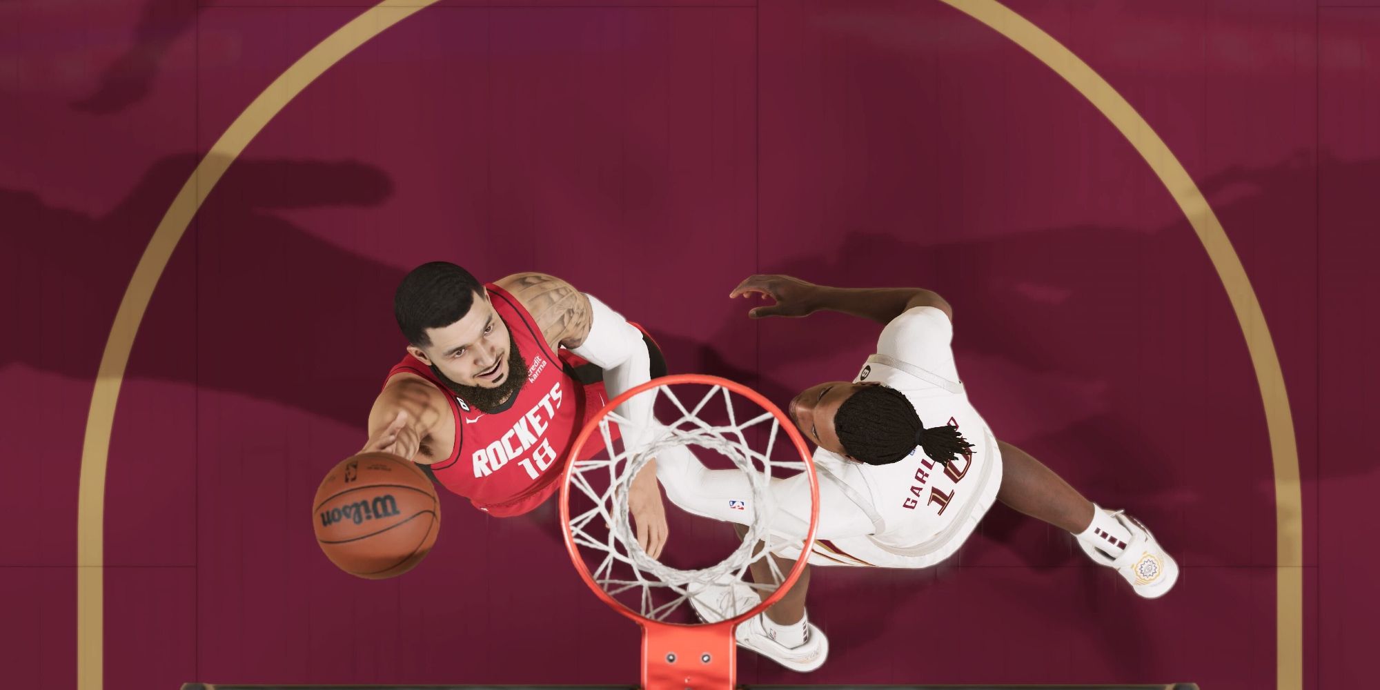 A top view of Fred VanVleet from the Houston Rockets attempting a lay-up in NBA 2K23