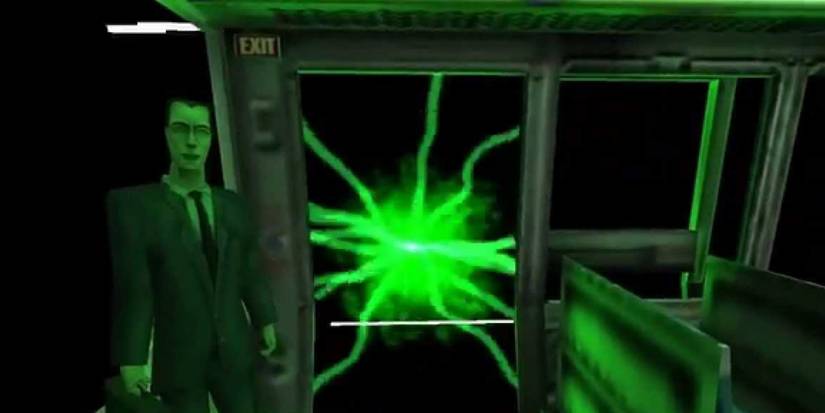 g-man in the train cart with a green portal