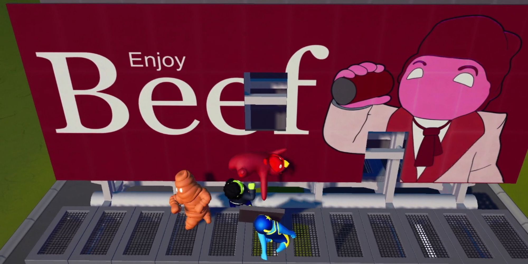 Players brawling in front of a sign in Gang Beasts