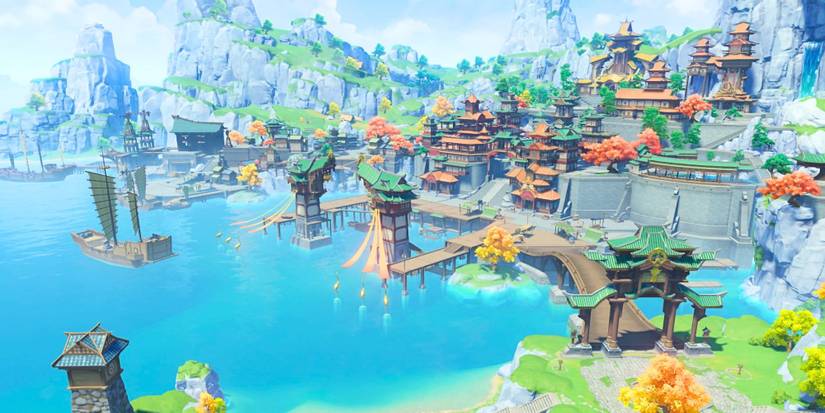 Genshin Impact Liyue Harbour high viewpoint, sea and buildings 