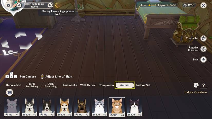 Serenitea Pot furnishing placement menu with the "Animal" tab highlighted