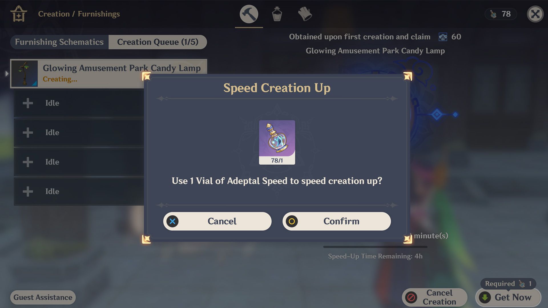 Speeding up a Furnishing crafting timer by submitting one Vial of Adeptal Speed