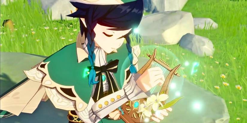 Genshin Impact Venti playing his lyre on a rock