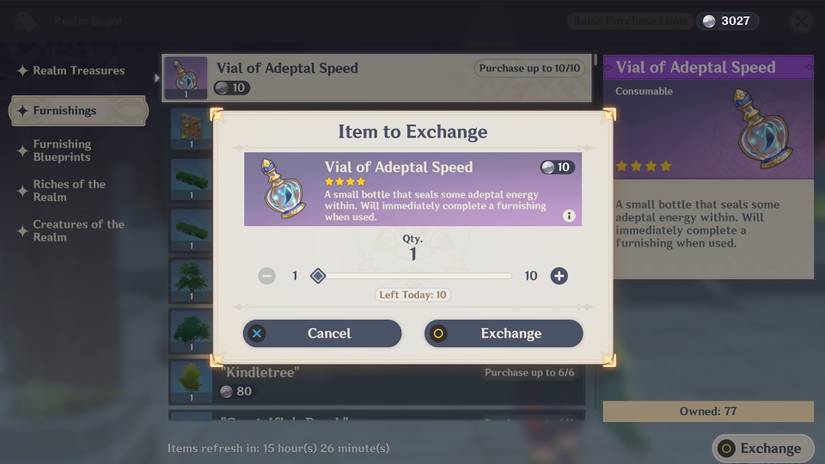 Purchasing a Vial of Adeptal Speed from the Furnishing tab of Tubby's Realm Depot menu