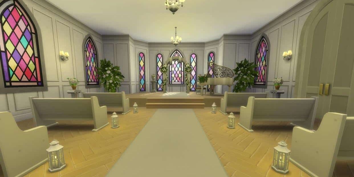 Glasswork Lover's Chapel wedding venue in The Sims 4