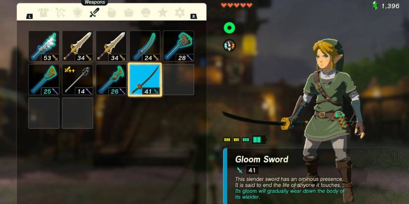 A Gloom Sword in Link's inventory