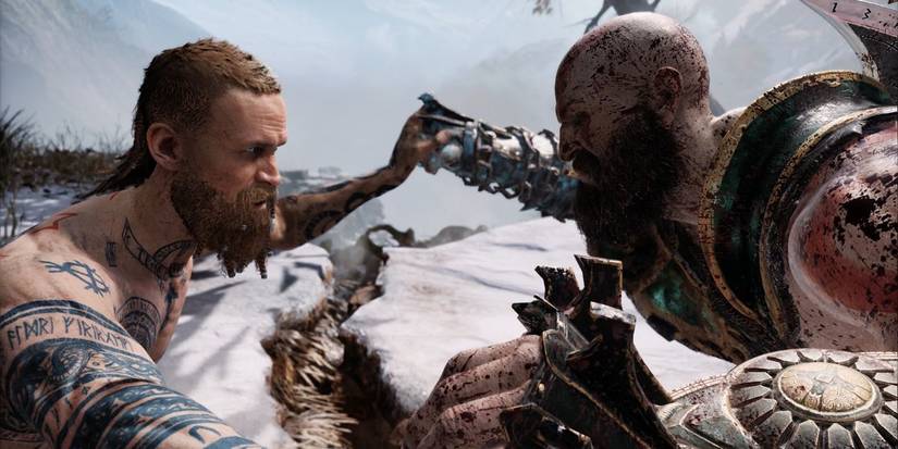 God of War Kratos and The Stranger face each other 