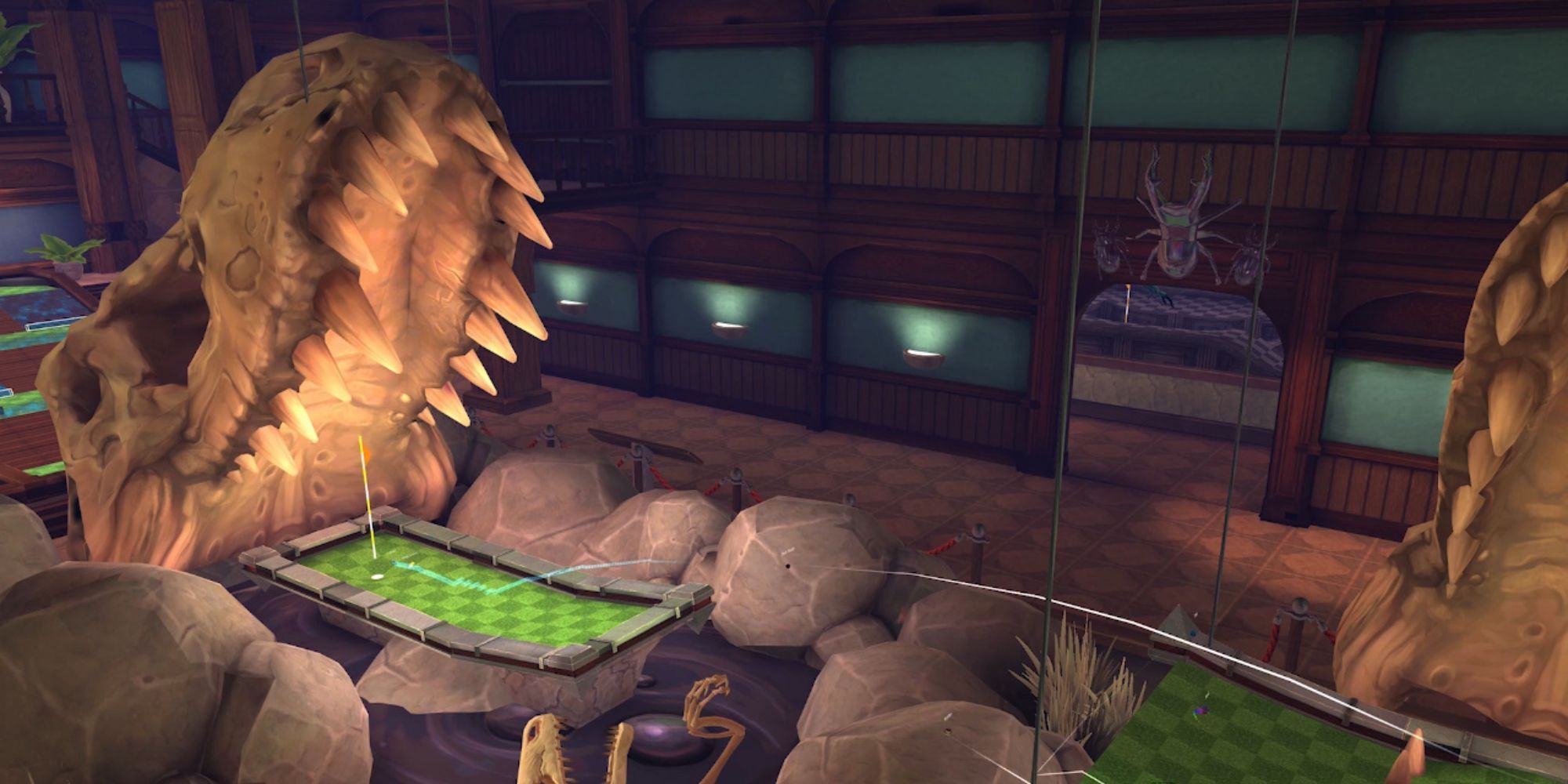 A player hitting their ball under a T-Rex skull in Golf With Your Friends