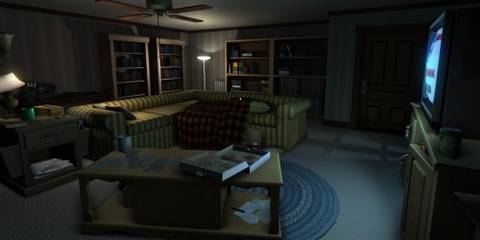 A screenshot of gamplay from Gone Home, showing a quiet living room with no people. The TV is switched on in the corner.