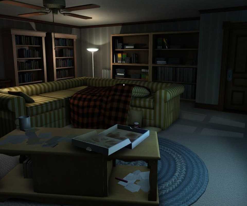 A screenshot of gamplay from Gone Home, showing a quiet living room with no people. The TV is switched on in the corner.