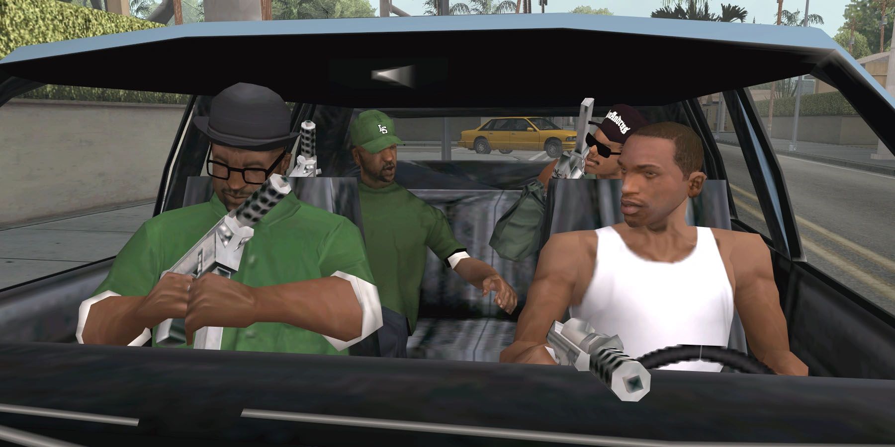 A screenshot of CJ Johnson and his Grove Street gangmates driving in GTA: San Andreas.