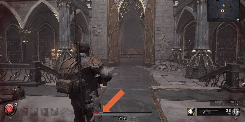 A player in Remnant 2, with emphasis on the grey health meter