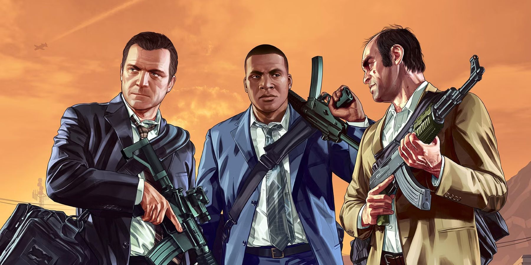 Grand Theft Auto 5 Michael, Franklin et Trevor avec des armes