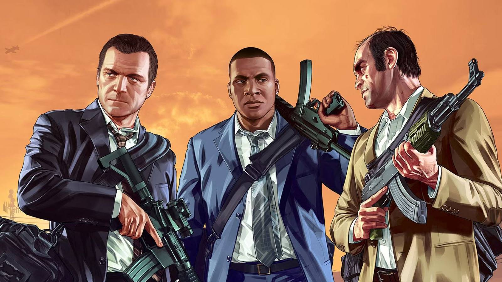 Grand Theft Auto 5 Michael, Franklin, and Trevor with guns