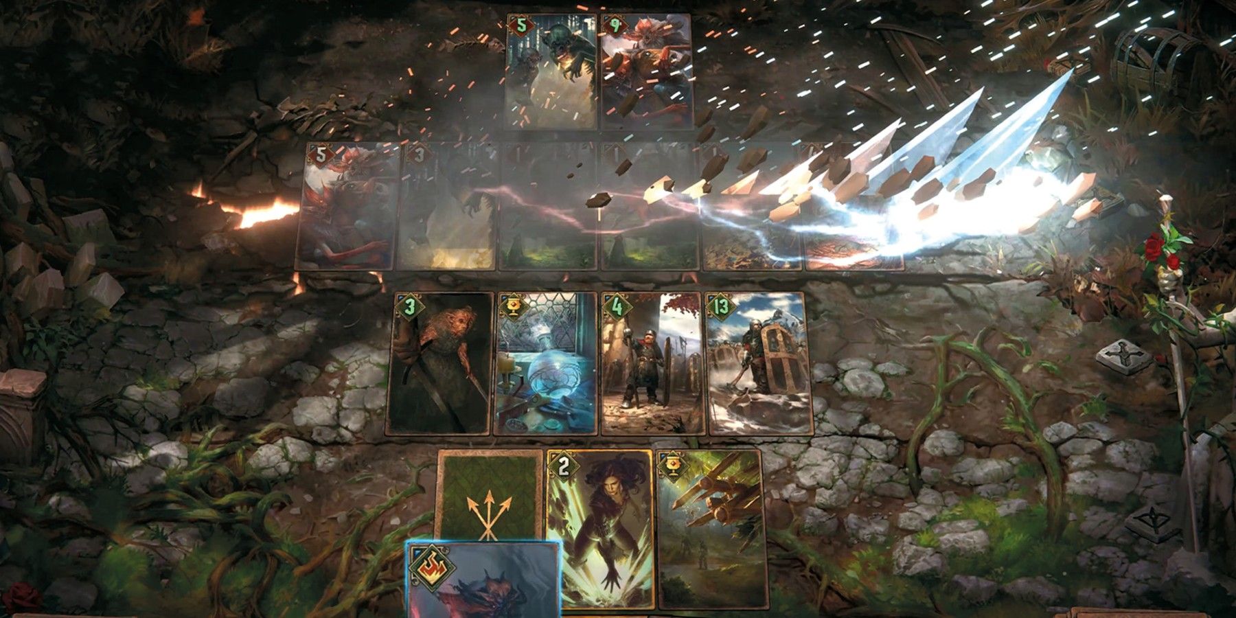 Gwent Witcher card game ground rupture earthquake with cards placed