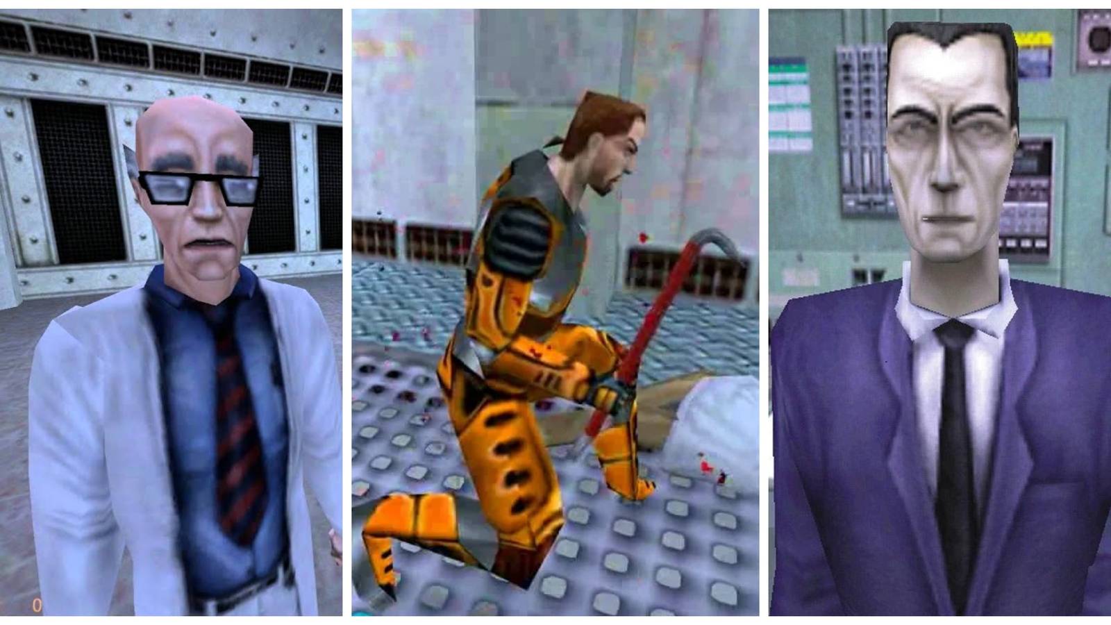 half-life scientist, gordon freeman with a crowbar, g-man from half-life
