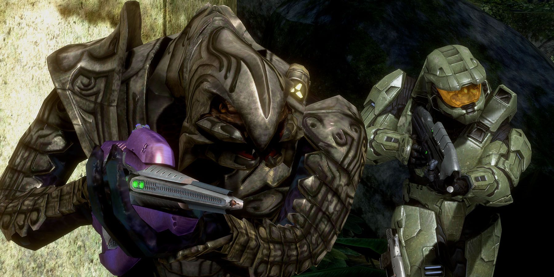 A promotional screenshot of Master Chief and the Arbiter charging into battle in Halo 3.
