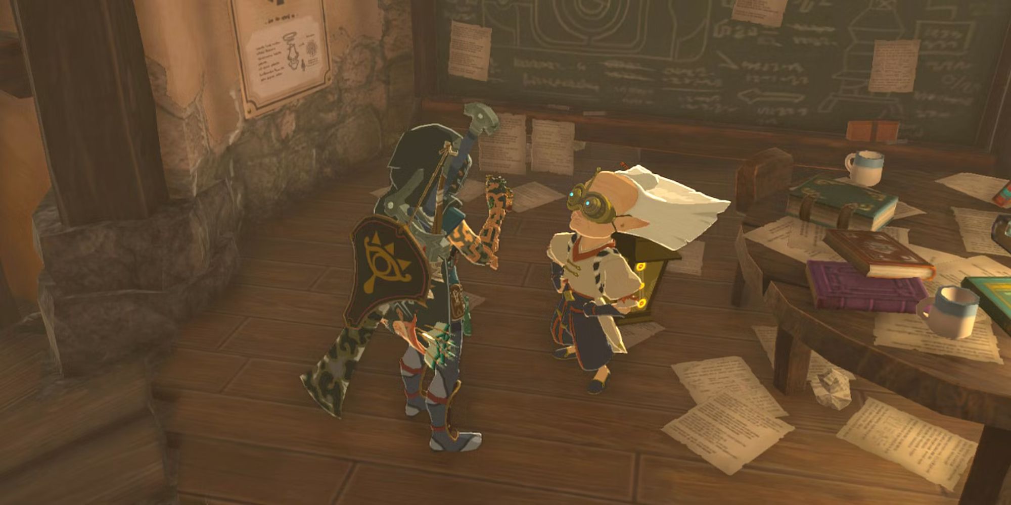 Link talking to Robbie in Hateno Village Research Lab