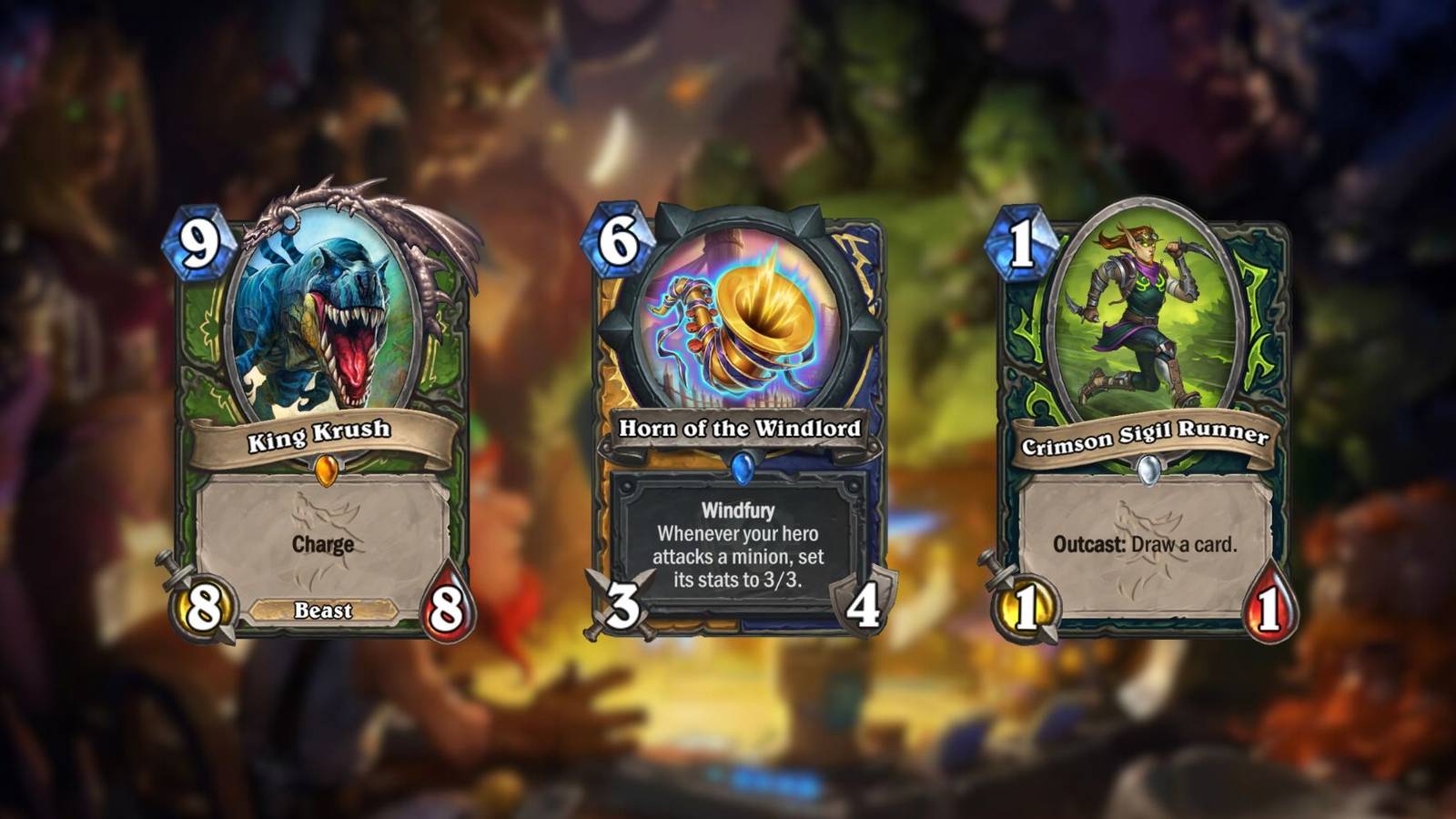 King Krush, Horn of the Windlord, and Crimson Sigil Runner from Hearthstone
