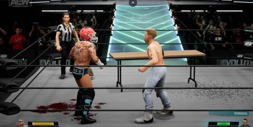 CM Punk with a football helmet on his head against Orange Cassidy in AEW: Fight Forever