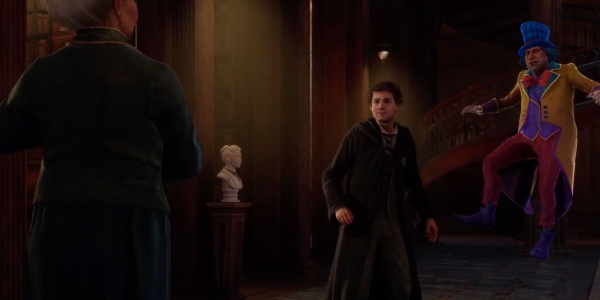 Hogwarts Legacy Sebastian Sallow and Peeves in the Restricted Section of the Library