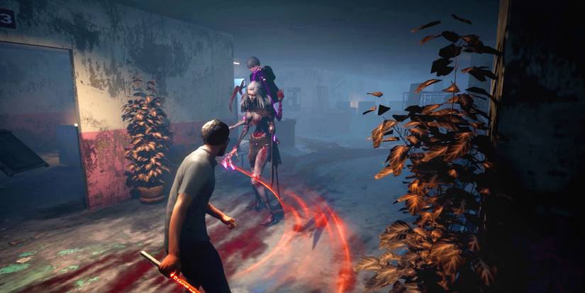 One of the games entities shambles towards a player as the wield a weapon to drive it away.