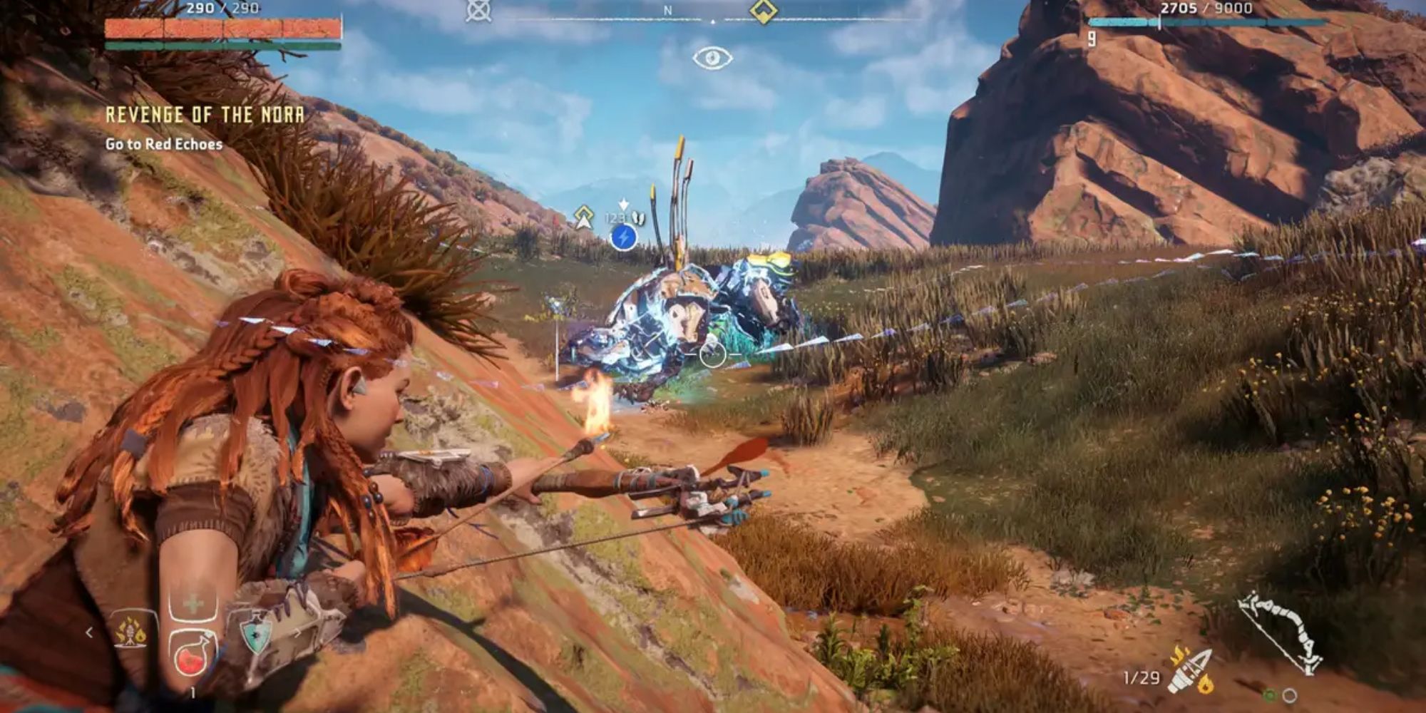 a screenshot of Horizon Zero Dawn gameplay, depicting the main protagonist Aloy with a bow and arrow.