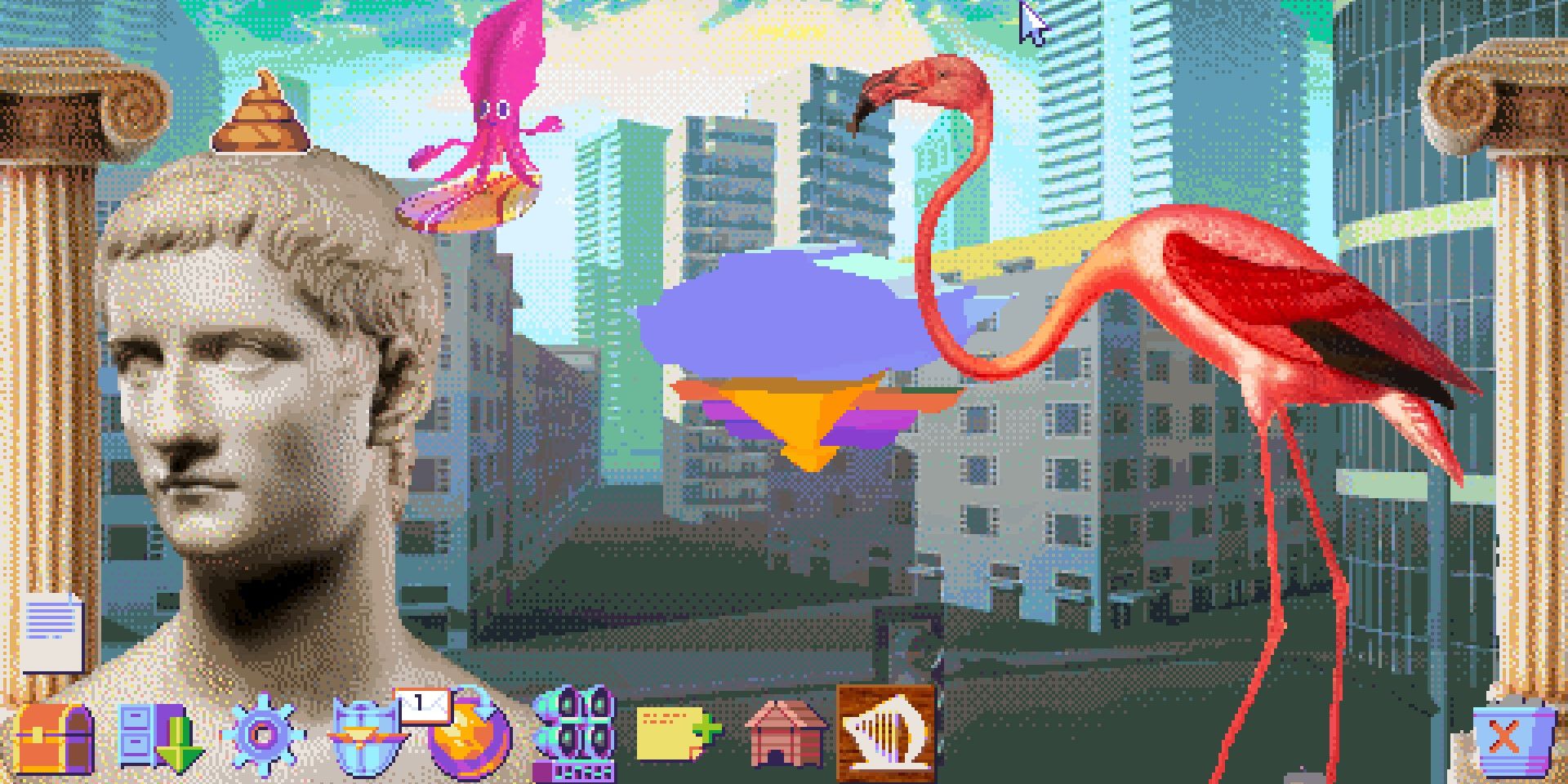 A área de trabalho com uma cidade, um flamingo, uma lula em uma prancha de surf e uma estátua de uma cabeça em Hypnospace Outlaw