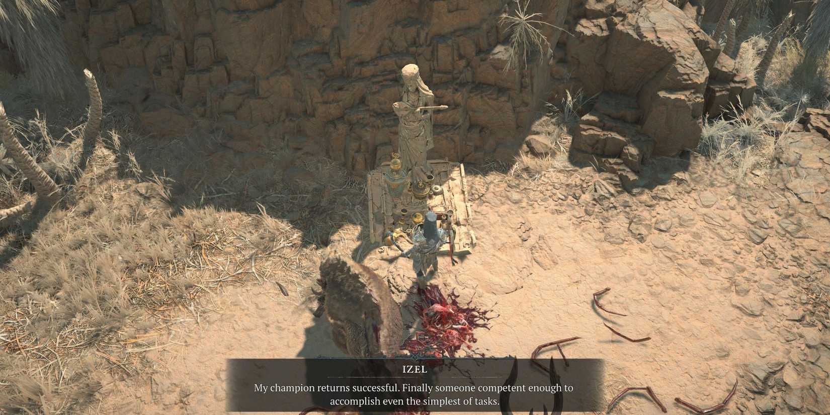 A player talking to Izel as a statue in Diablo 4