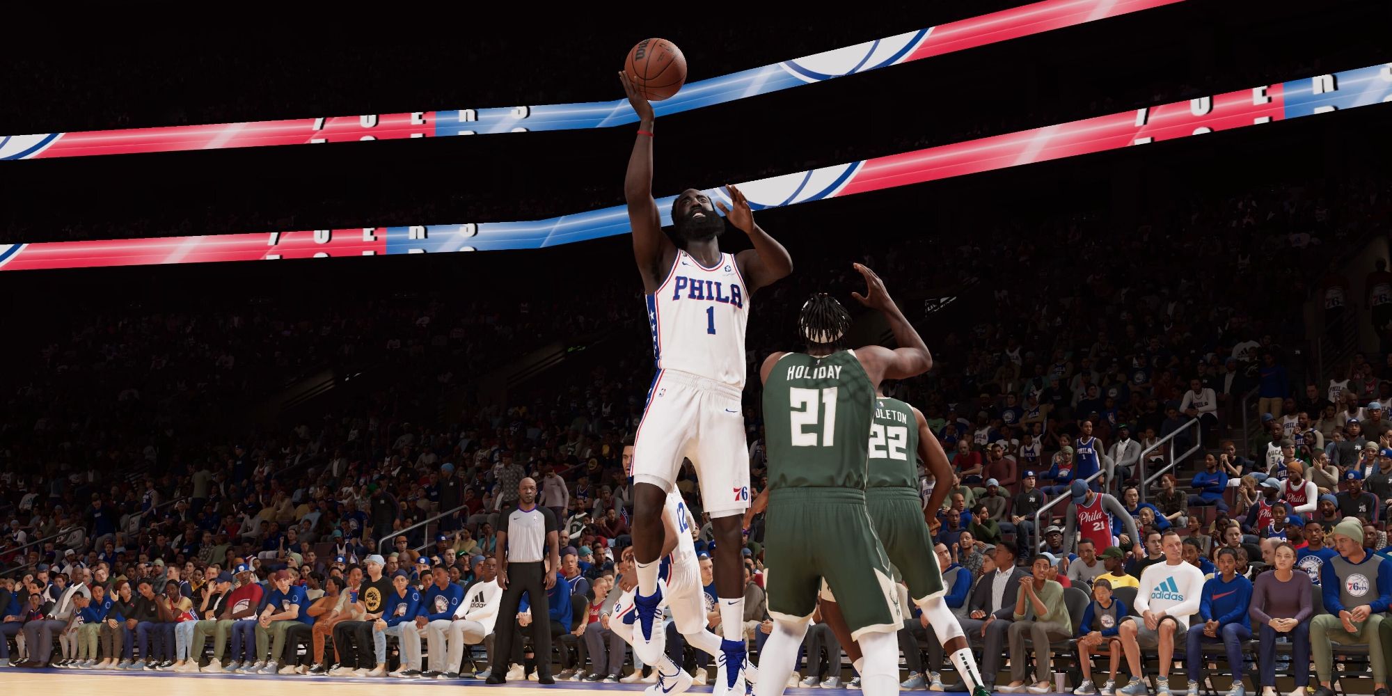 James Harden of the Philadelphia 76ers attempting a lay-up in NBA 2K23