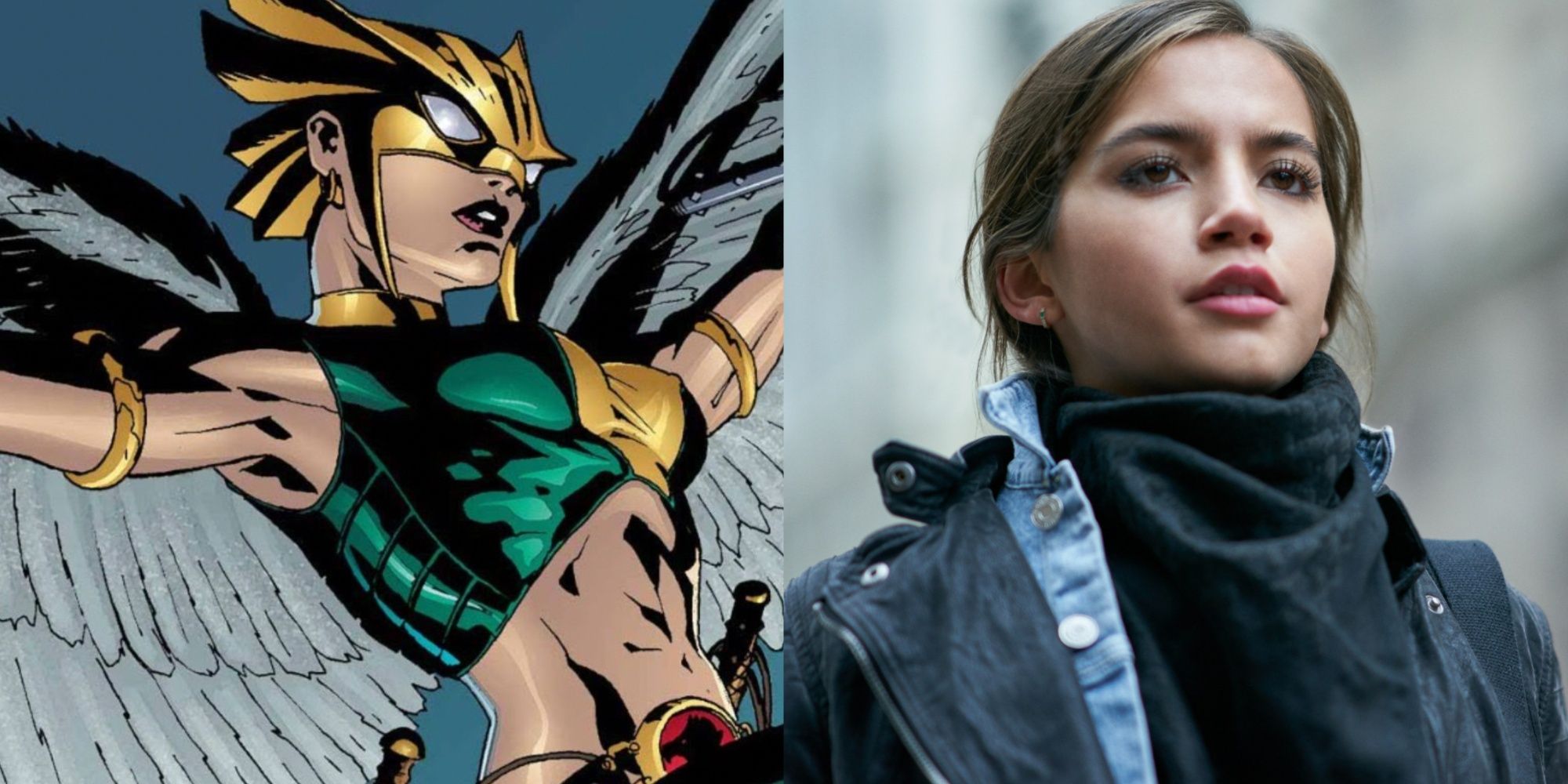 A split image features the Kendra Saunders version of Hawkgirl in DC Comics and Isabela Merced in Sweet Girl