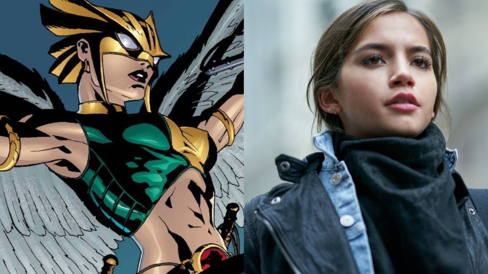A split image features the Kendra Saunders version of Hawkgirl in DC Comics and Isabela Merced in Sweet Girl