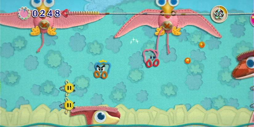 Kirby and Prince Fluff riding on dinosaurs