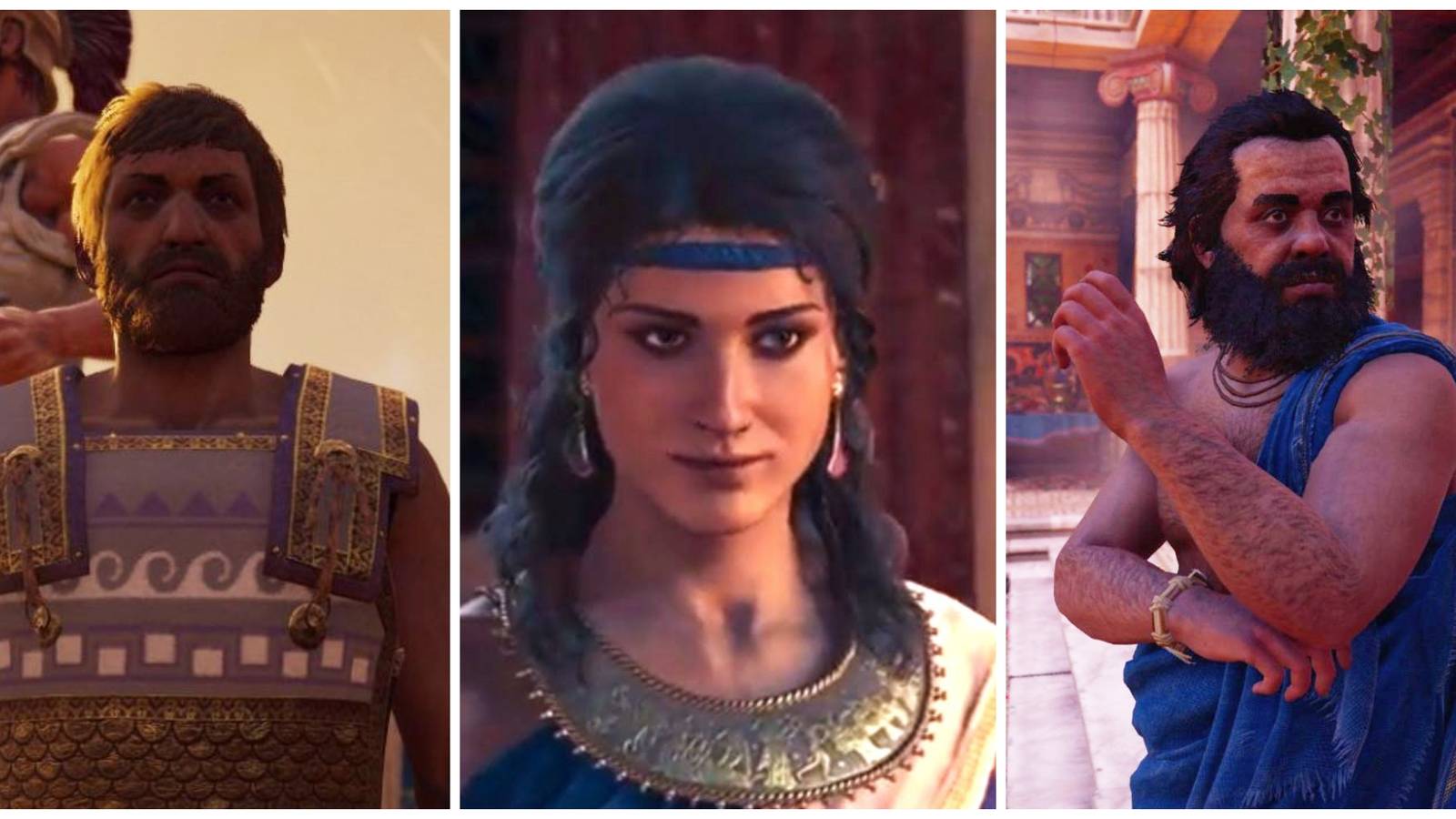 Kleon, Aspasia, and Sokrates in Assassins Creed Odyssey