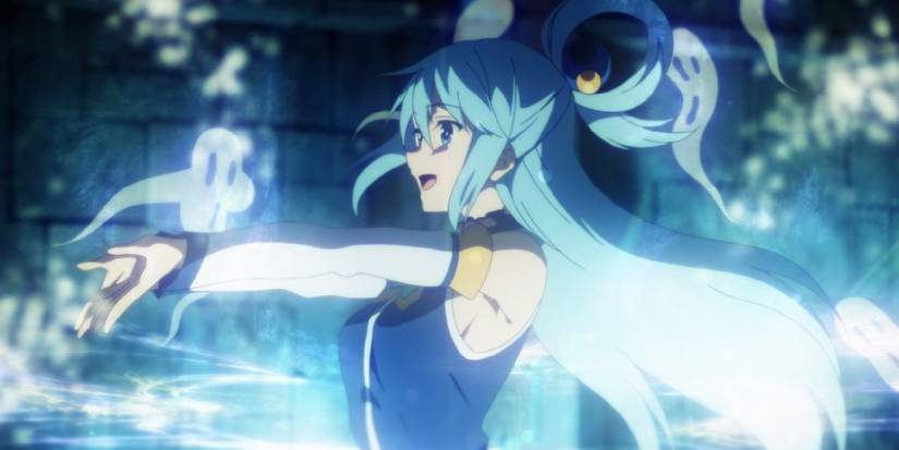 Aqua smiles happily as she extends her arms forward, ghost-like spirits rising into the air around her