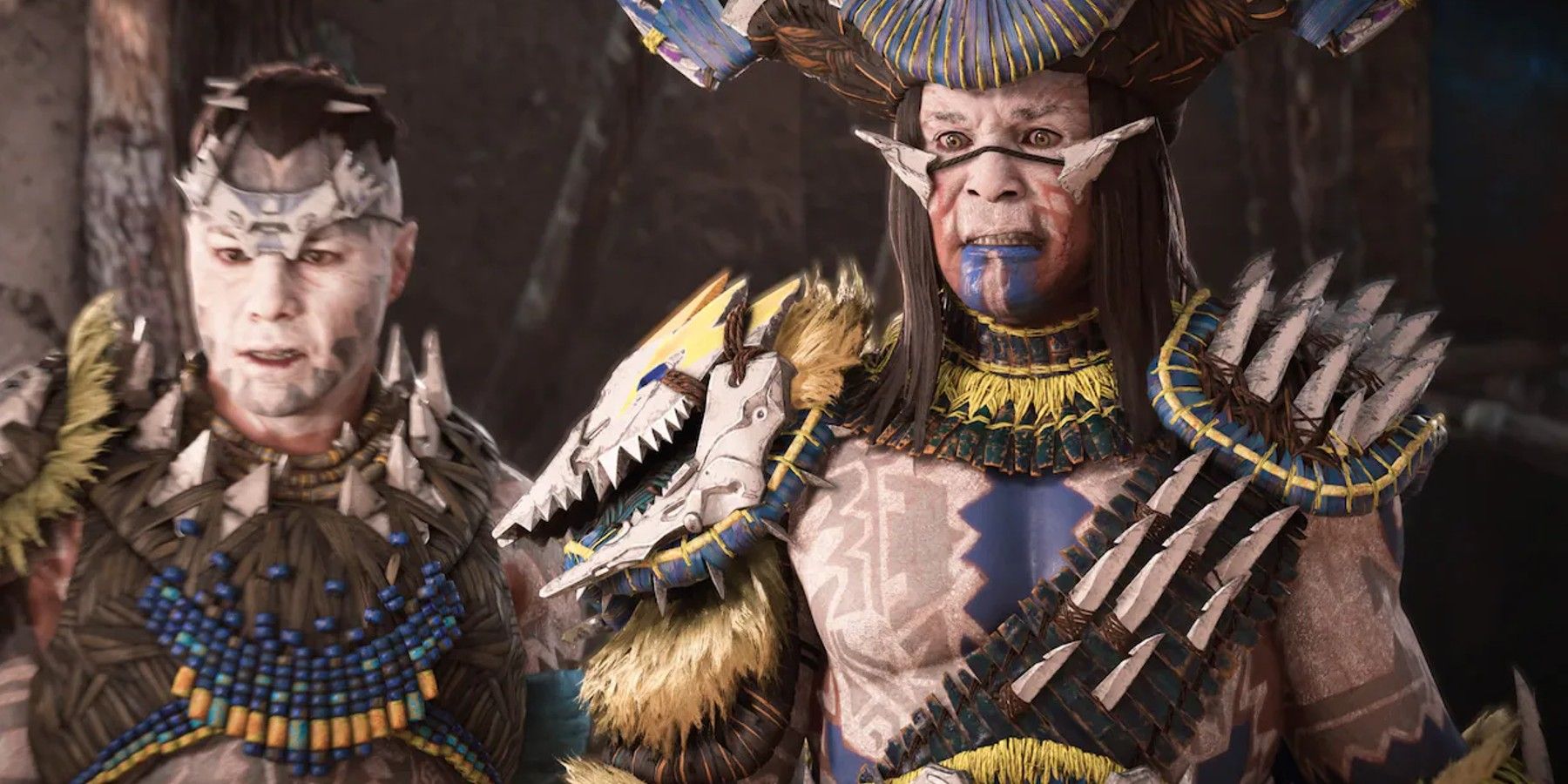 Close up of Kotallo and Tenakth chief Hekarro in a Horizon Forbidden West cutscene