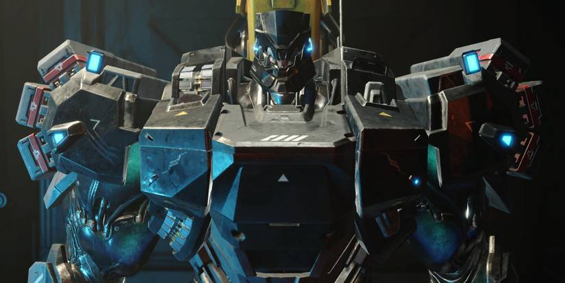 A close up shot of the Krieger Exosuit from Exoprimal