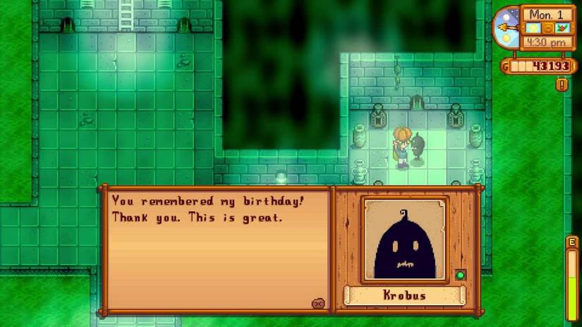 A screenshot of Stardew Valley character Krobus