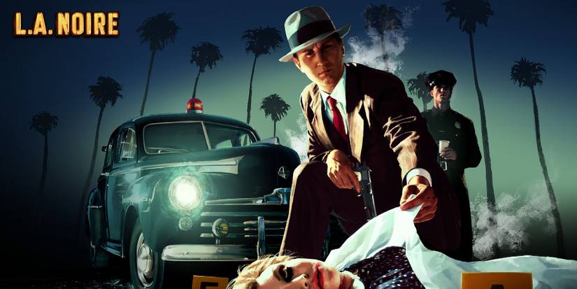 la noire - cole phelps discovering a body at a crime scene, police car and cop behind him