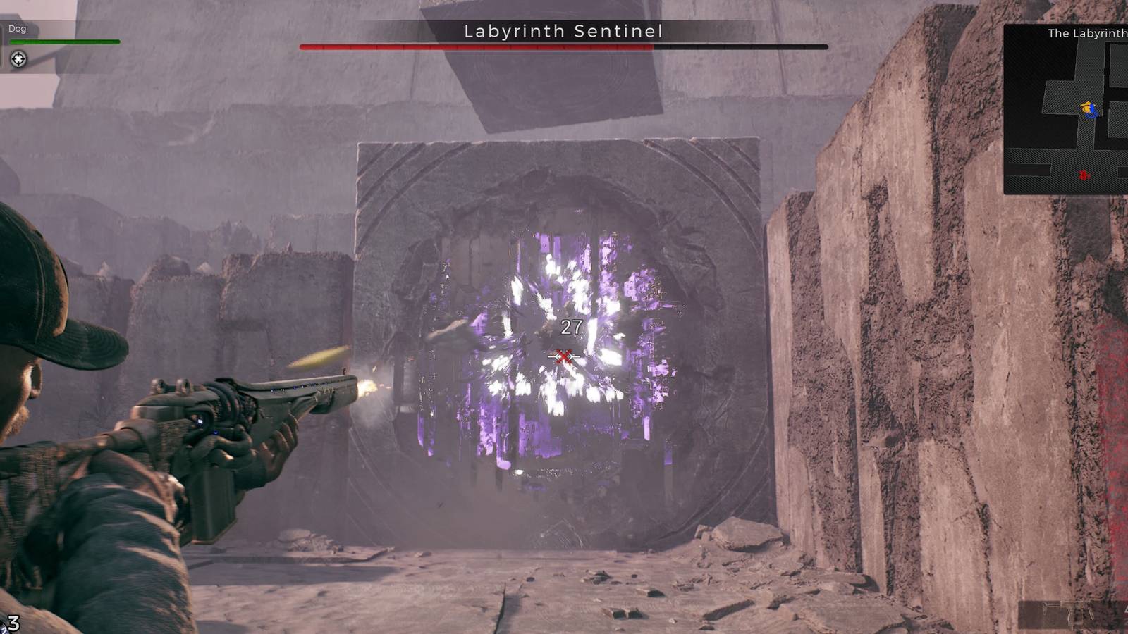 A player engaged in a fight with the Labyrinth Sentinel from Remnant 2