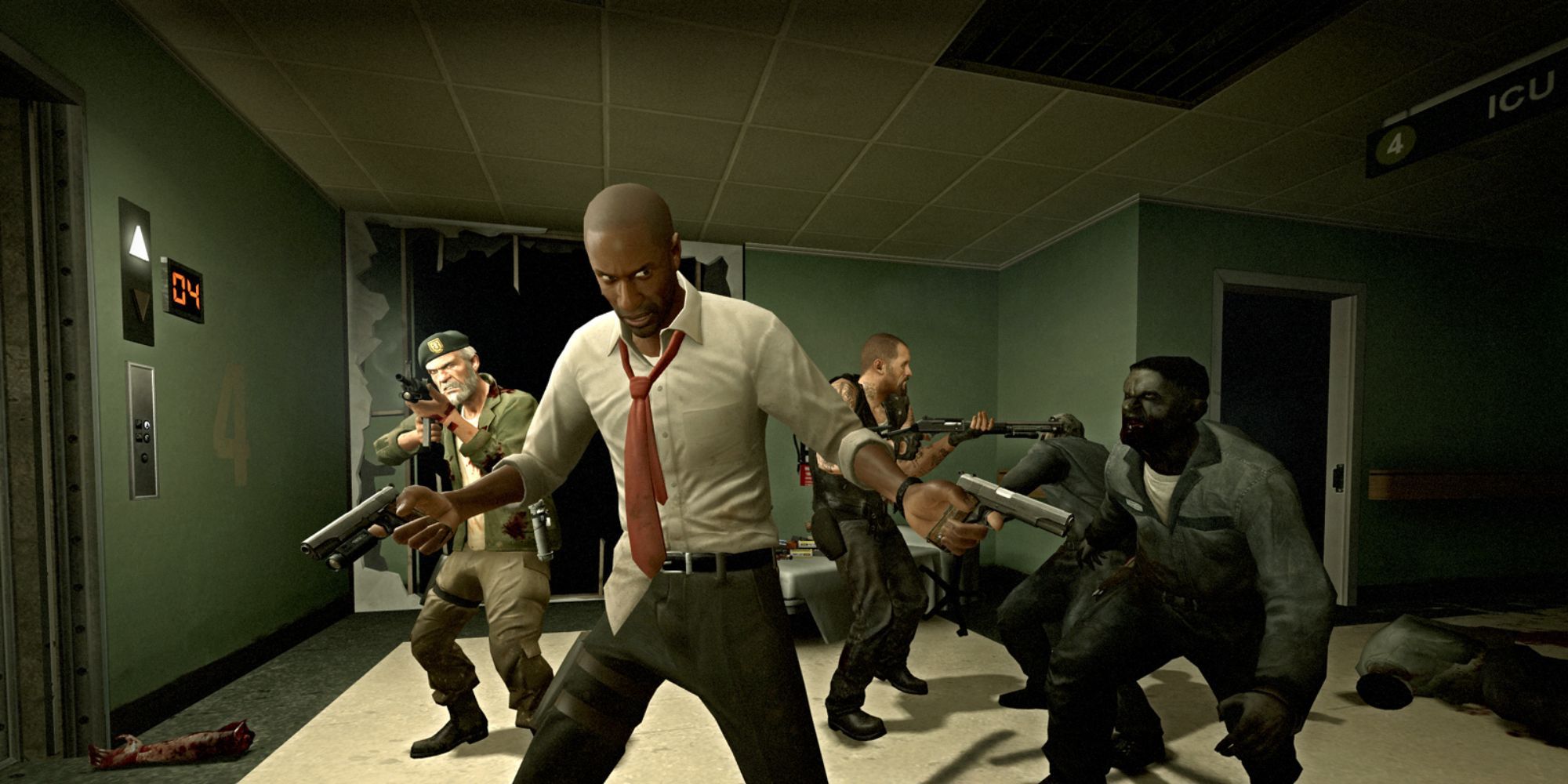 Left 4 Dead's Louis and Bill fighting zombies in the hospital.