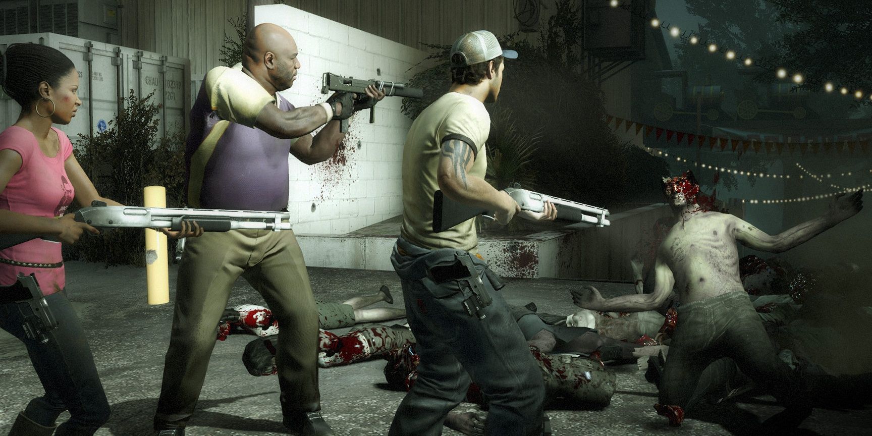 Three civilians holding guns facing a shirtless zombie that has a headshot wound in Left 4 Dead 2 