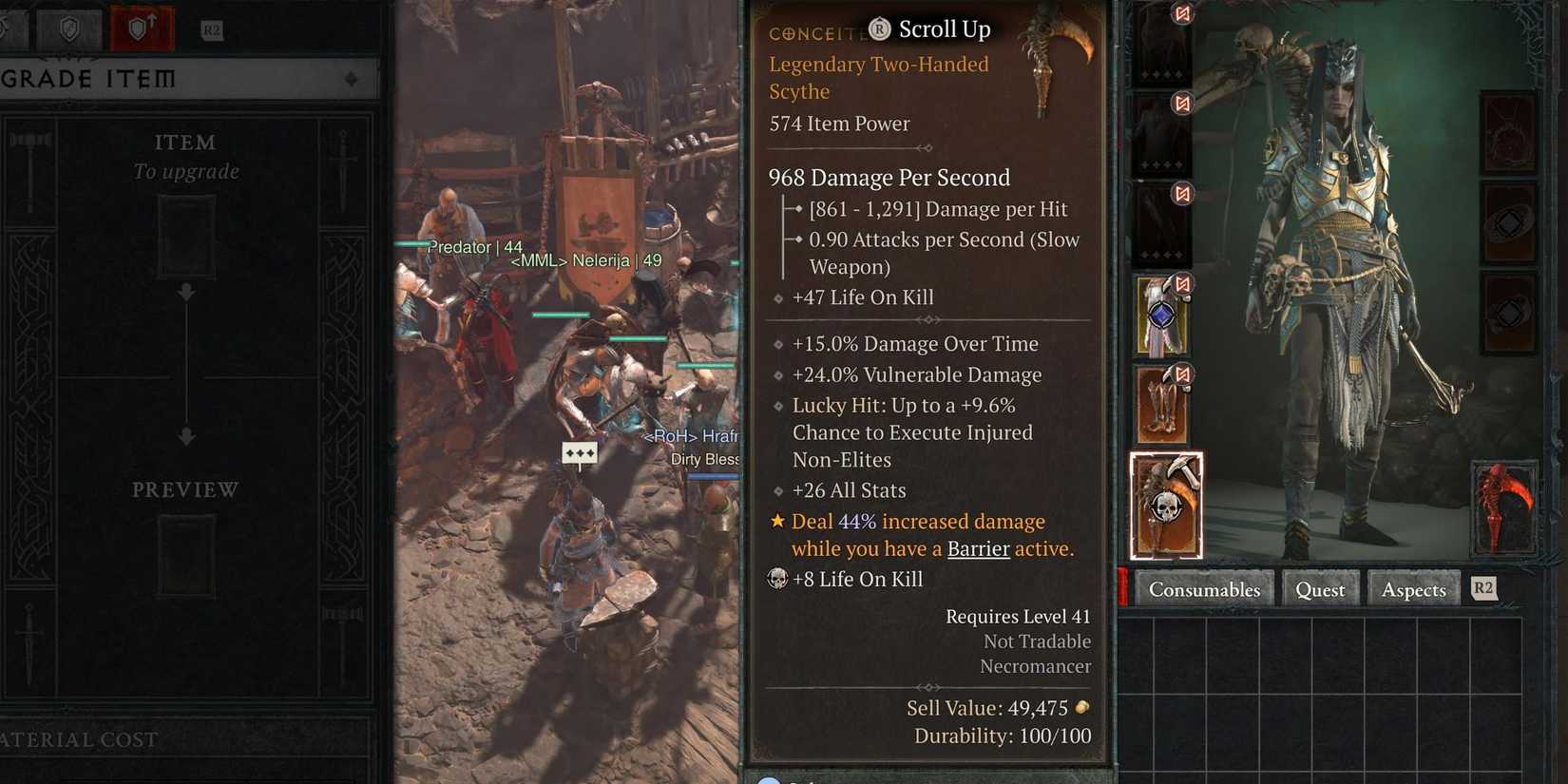 A player with a Legendary Scythe equipped in Diablo 4