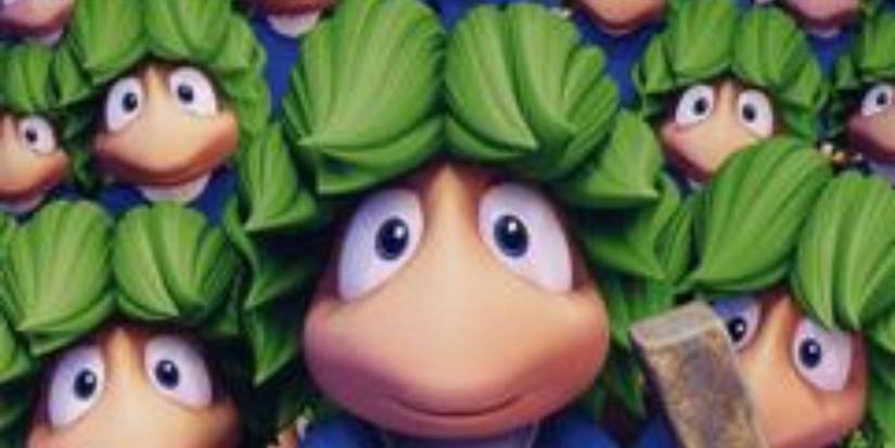 A screenshot from the front cover of the game Lemmings.